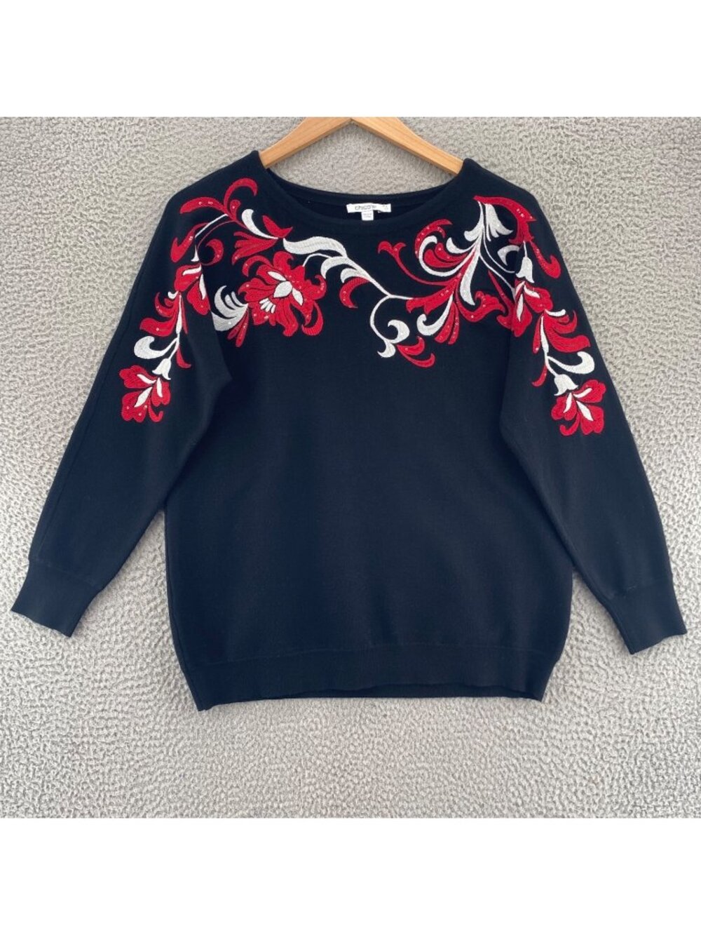 Chicos Sweater Womens 2 US Large Black Floral Sequins Swirl Dolman Sleeve NWT